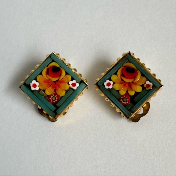 Micro Mosaic Floral Gold Green Clip On Earrings Vintage Romantic Italy Italian - Picture 2 of 9